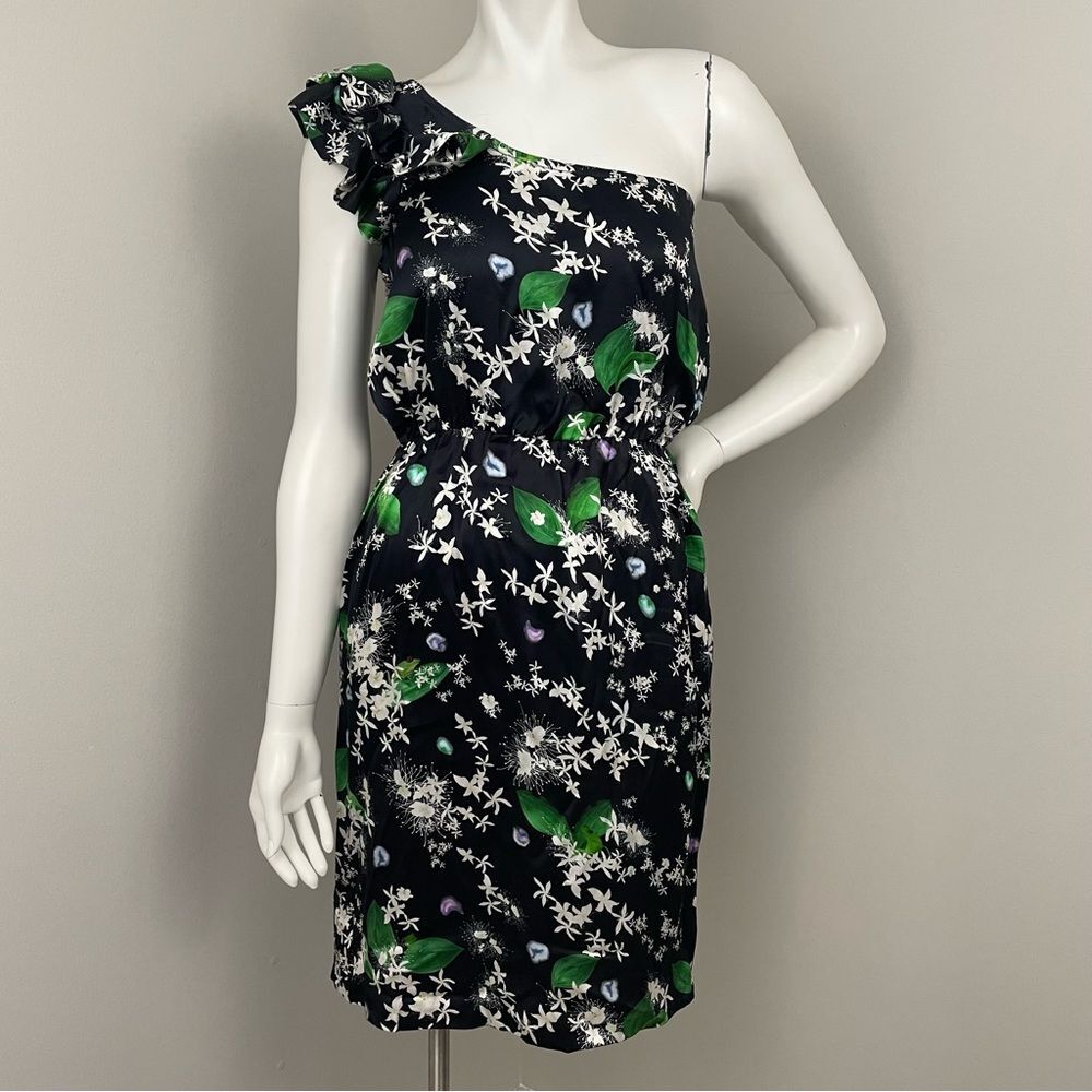 ISOLDA Frog Leaf Print Black Silk One Shoulder Ruffle Mini Dress